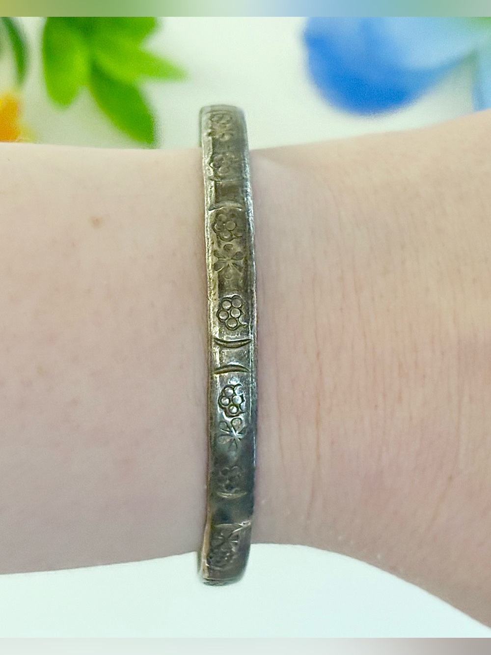 Vintage Sterling Silver Floral Etched Bangle Bracelet-Taxco Mexico Cuff/Jewelry
